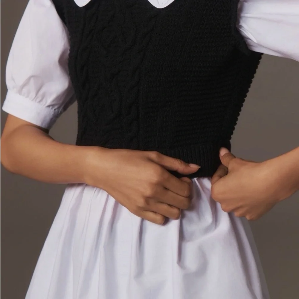 Anthropologie Maeve Black Knit Cropped Vest Twofer Peter Pan Collar White Blouse - Picture 3 of 6